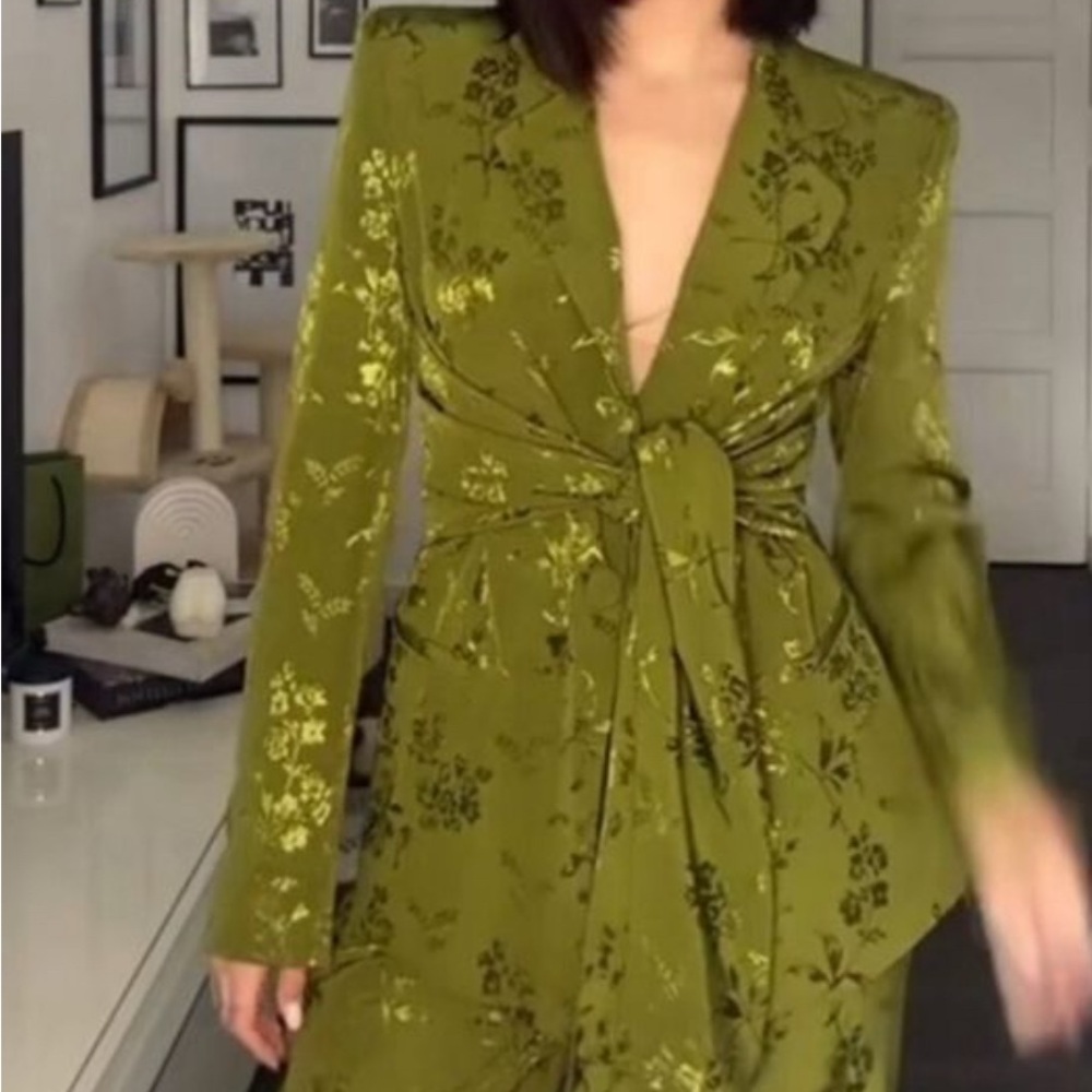 Zara Green Jacquard Floral Pattern Blazer